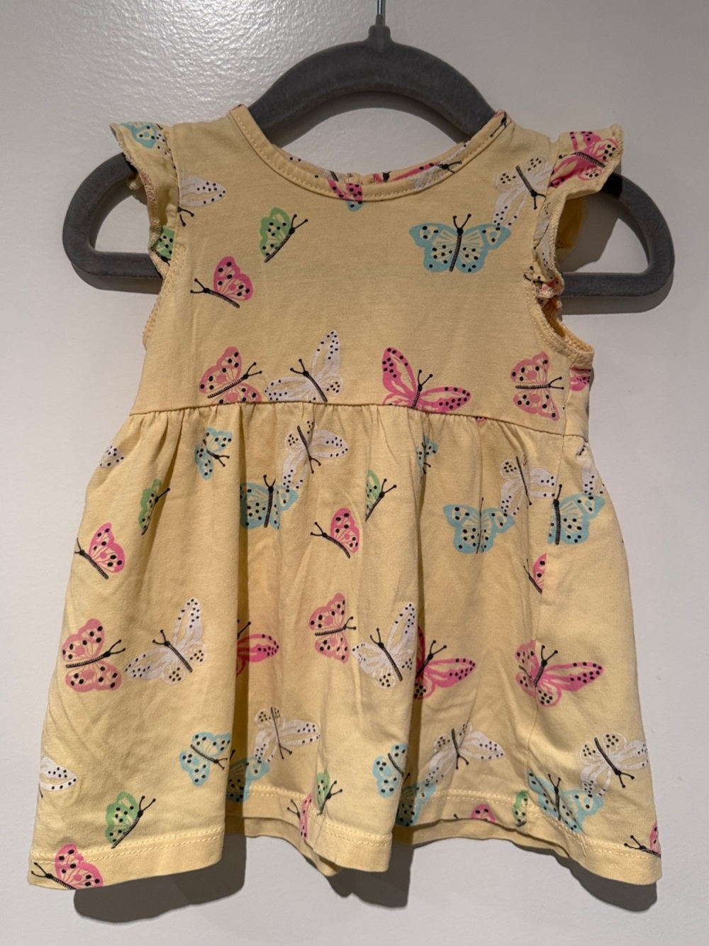 H&M Baby Girls Yellow Butterfly Print Flutter Sleeve Cotton Dress 4-6M